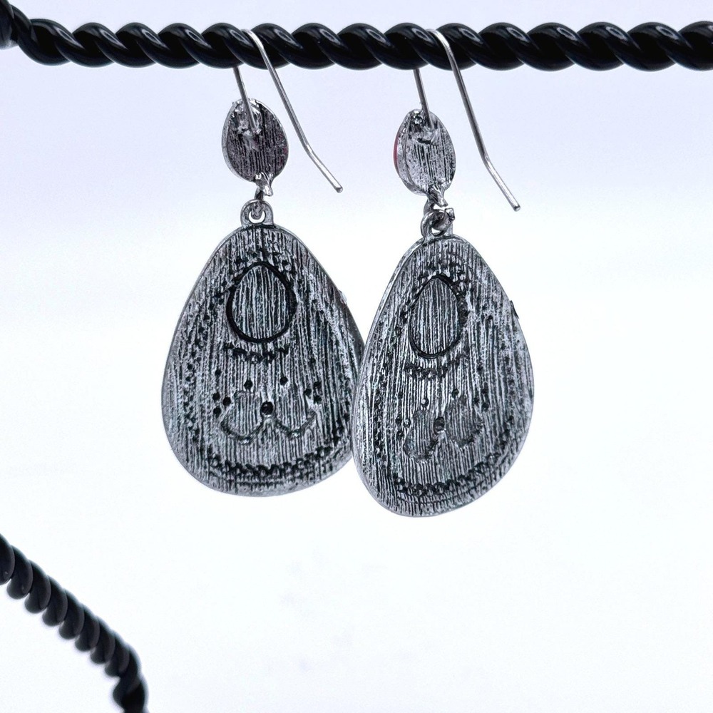 Vintage Silver Tone Red Cabochon Drop Earrings Boho Tribal Dangle Bohemian Retro - Picture 3 of 6